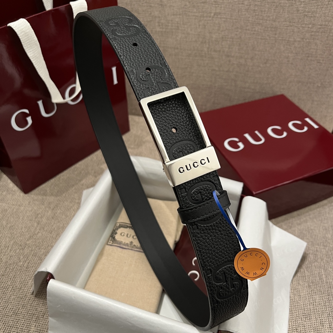 Gucci Men's Rectangular Buckle Reversible Belt In Black Monogram Calfskin With Gold/Silver Hardware 35mm - 图片 2