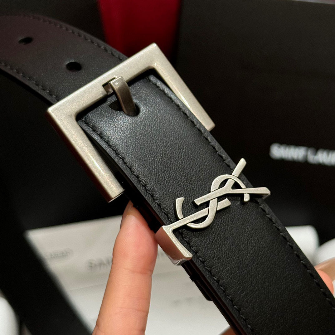 Saint Laurent Cassandre Belt In Black/Coffee Smooth Calfskin With Black/Gold/Silver Hardware 30mm - 图片 7