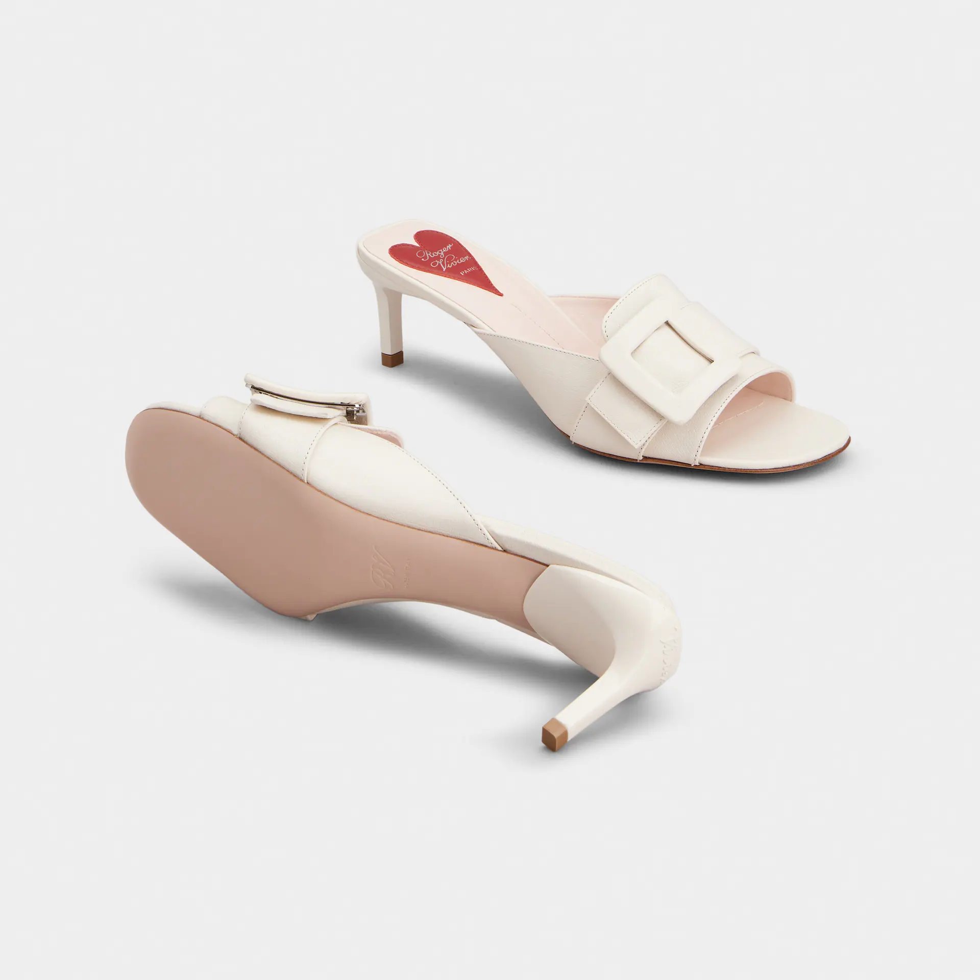 Roger Vivier Viv' Canard Mules Sandals In White Leather With Lacquered Metal Buckle (Heel Height 5.5cm) - 图片 3