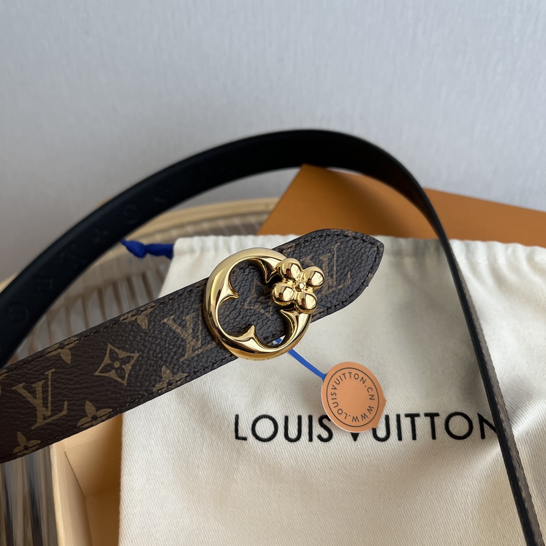 Louis Vuitton Women's Flowergram Round Buckle Reversible Belt In Black/White/Brown Calfskin And Monogram Canvas With Gold Hardware 30mm - 图片 6