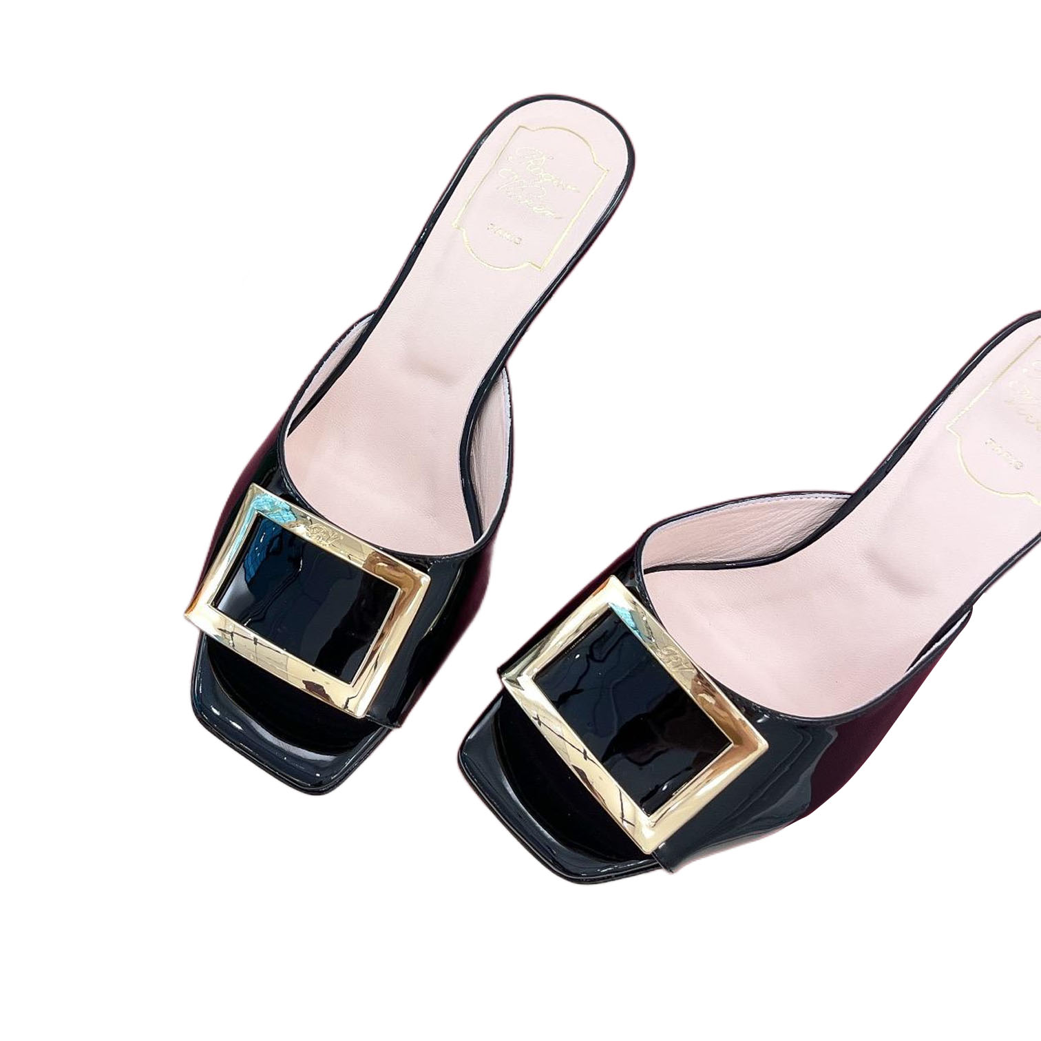 Roger Vivier Trompette Mules High Heels In White/Black/Beige/Pink Patent Leather With Metal Buckle (Heel Height 4.5cm) - 图片 5