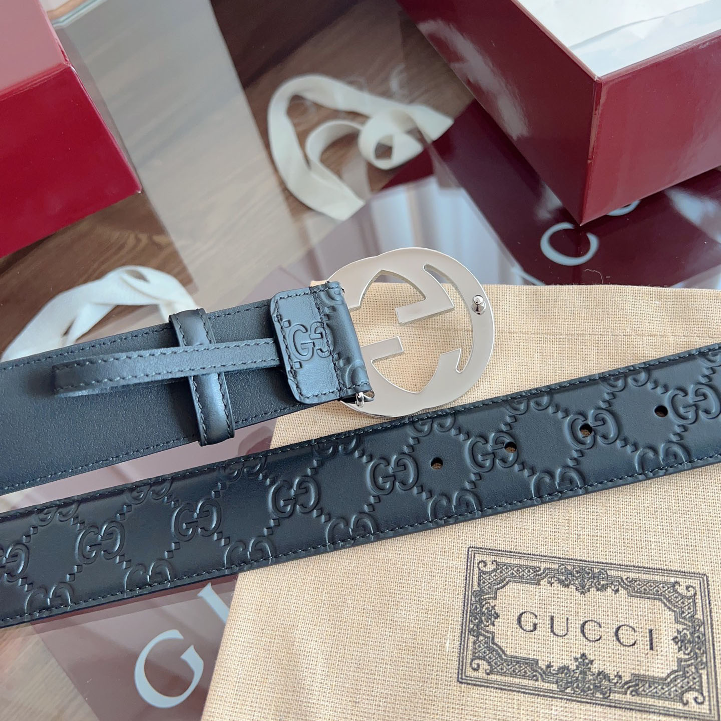 Gucci Men's Interlocking G Buckle And Interlocking G Belt In Black/Brown Marmont In Calfskin/Canvas With Gold/Silver Hardware 40mm - 图片 3