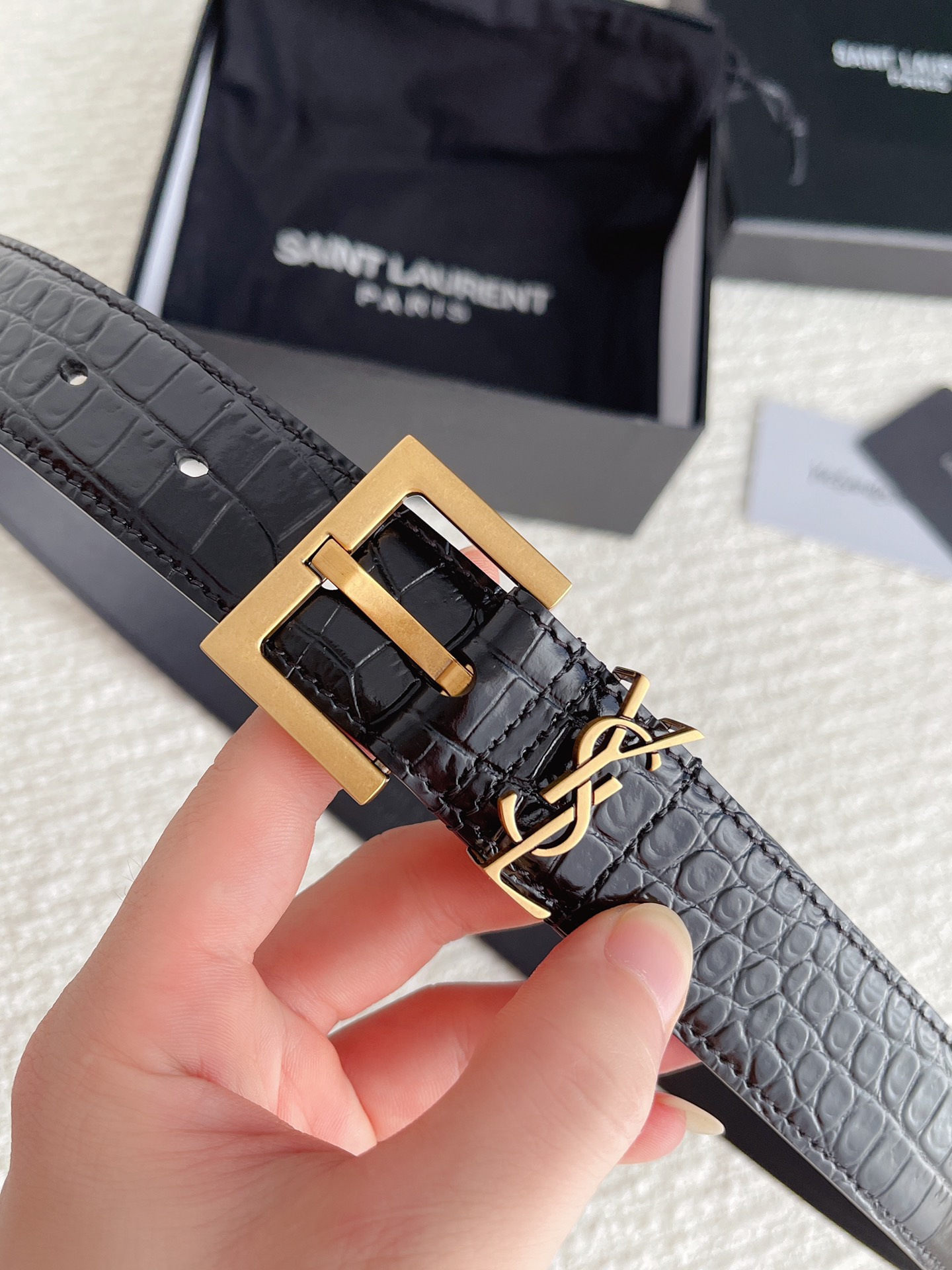 Saint Laurent Cassandre Belt In Black Crocodile-Embossed Calfskin With Gold/Silver/Black Hardware 30mm - 图片 4