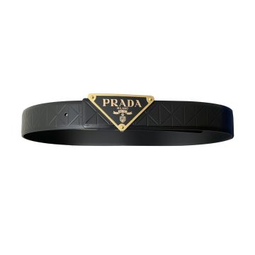 Prada Men' s Triangled Buckle Belt In Black Calfskin With Gold/Silver/Black Hardware 35mm