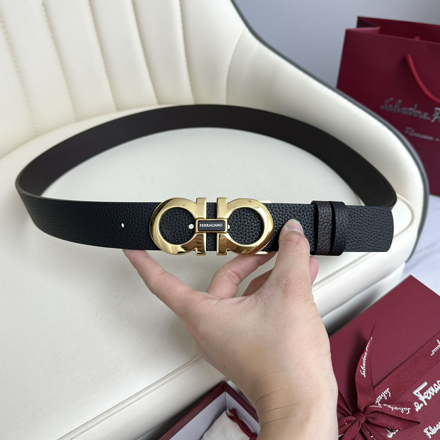 Ferragamo Men's Double Gancini Buckle Belt In Black Grained Calfskin With Gold/Silver/Black Hardware 35mm - 图片 6