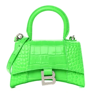 Balenciaga XS Hourglass Top Handle Bag Fluo Green Strass Crocodile Embossed Shiny Calfskin Leather Silver Hardware