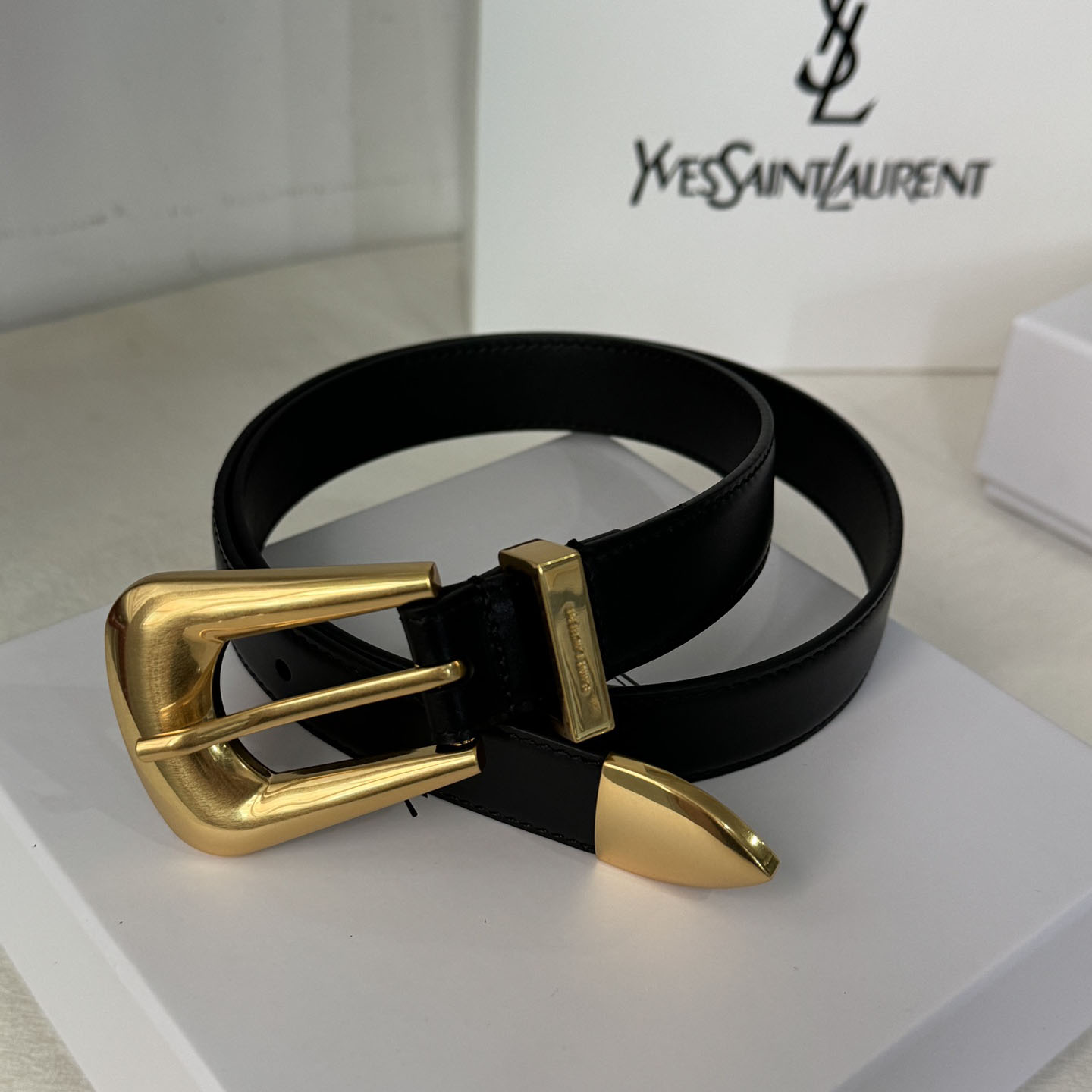Saint Laurent Folk Buckle Belt In Black Brushed Leather With Gold/Silver Hardware 25mm - 图片 2