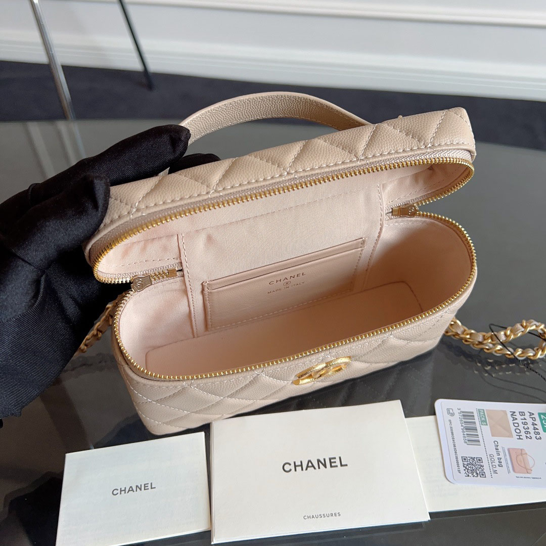 Chanel Apricot color / Yellow / Pink / white / Grey / Black Quilted Caviar Leather handle makeup bag handbag - 图片 5