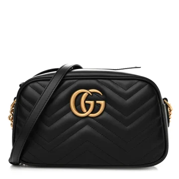 Gucci Small GG Marmont Chain Shoulder Bag Black Calfskin Matelassé Leather Gold Hardware