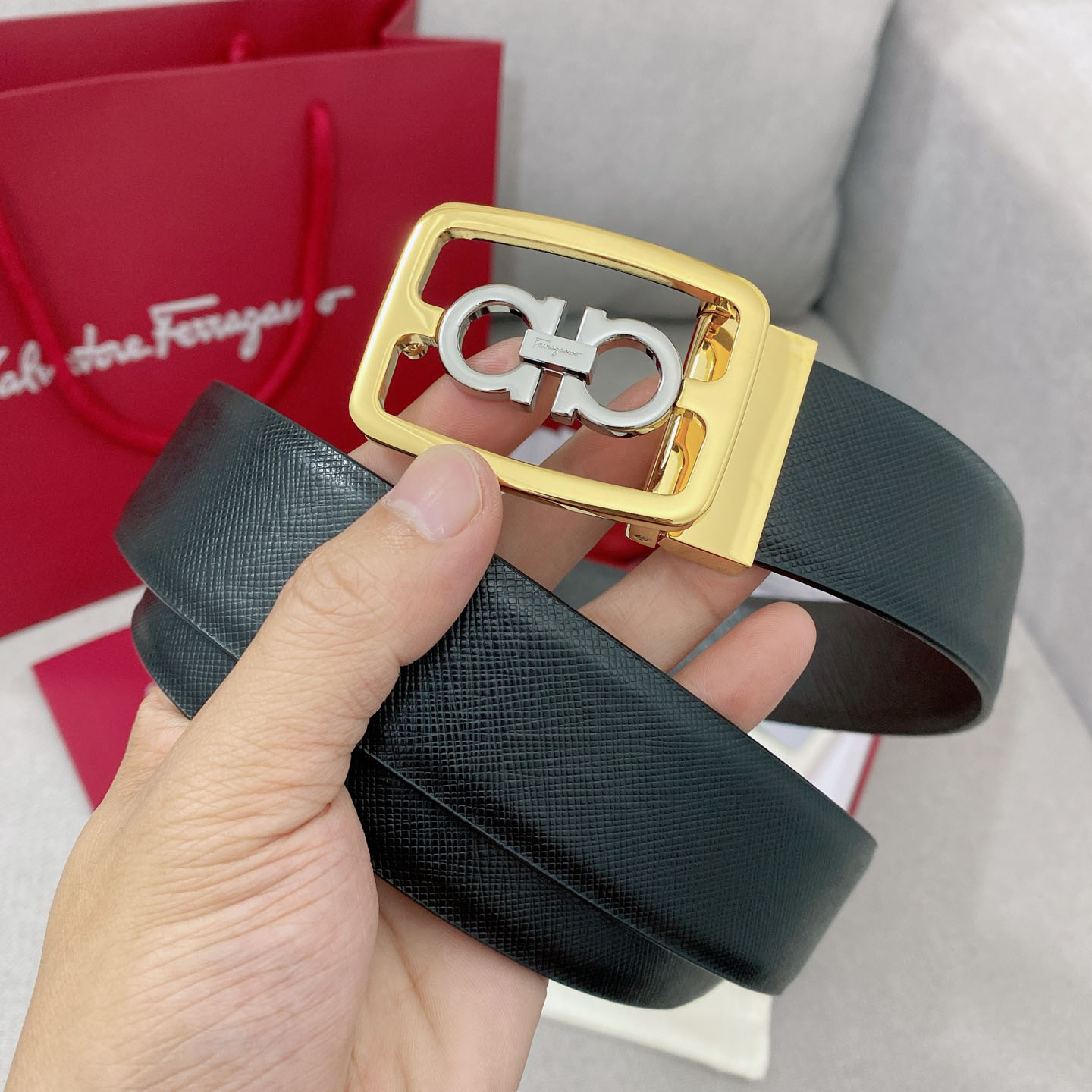 Ferragamo Men's Square Buckle Belt In Black/Coffee Grained Calfskin With Gold/Silver Hardware 35mm - 图片 7