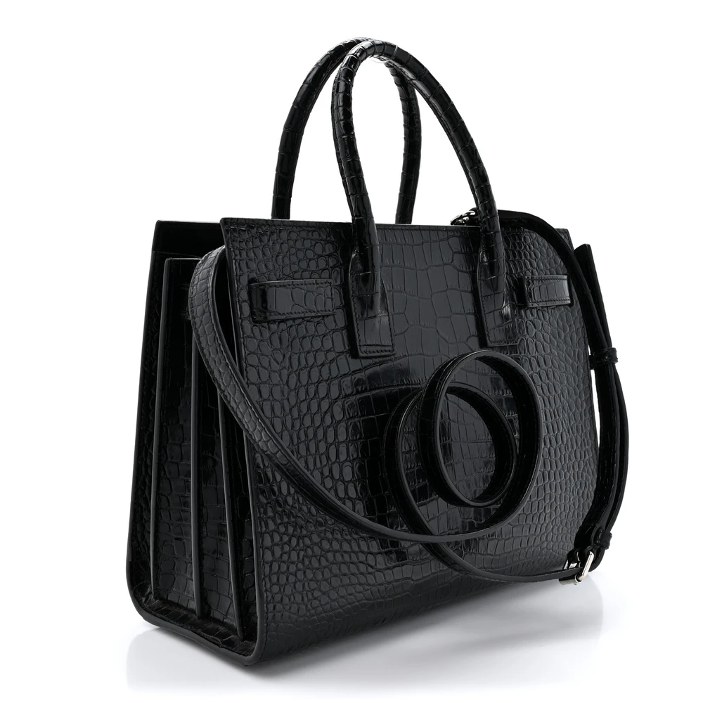 Saint Laurent Small Sac De Jour Black Embossed Calfskin & Crocodile Leather Silver Hardware - 图片 3