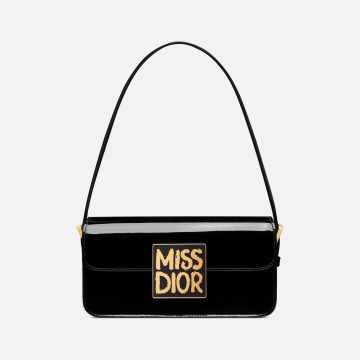 Dior Miss Dior Flap Bag In Black Patent Calfskin With Gold Hardware