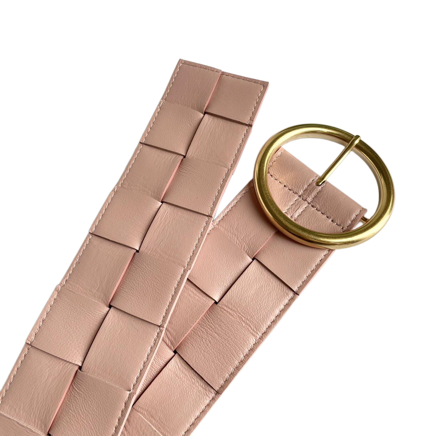 Bottega Veneta Women's Round Buckle Maxi Intrecciato Adjustable Belt In Pink/Blue/White/Coffee/Black Calfskin With Gold Hardware 60mm - 图片 4