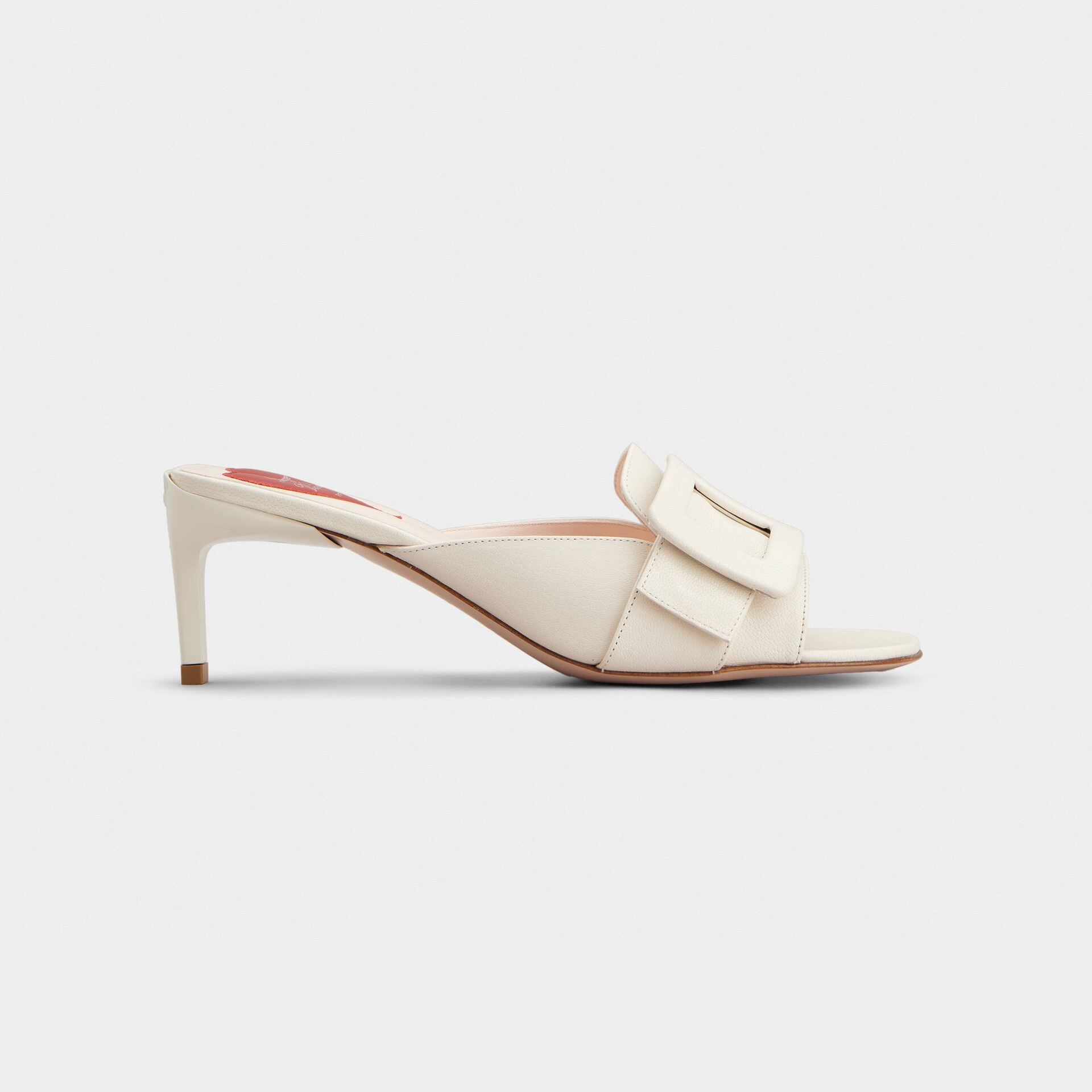 Roger Vivier Viv' Canard Mules Sandals In White Leather With Lacquered Metal Buckle (Heel Height 5.5cm)