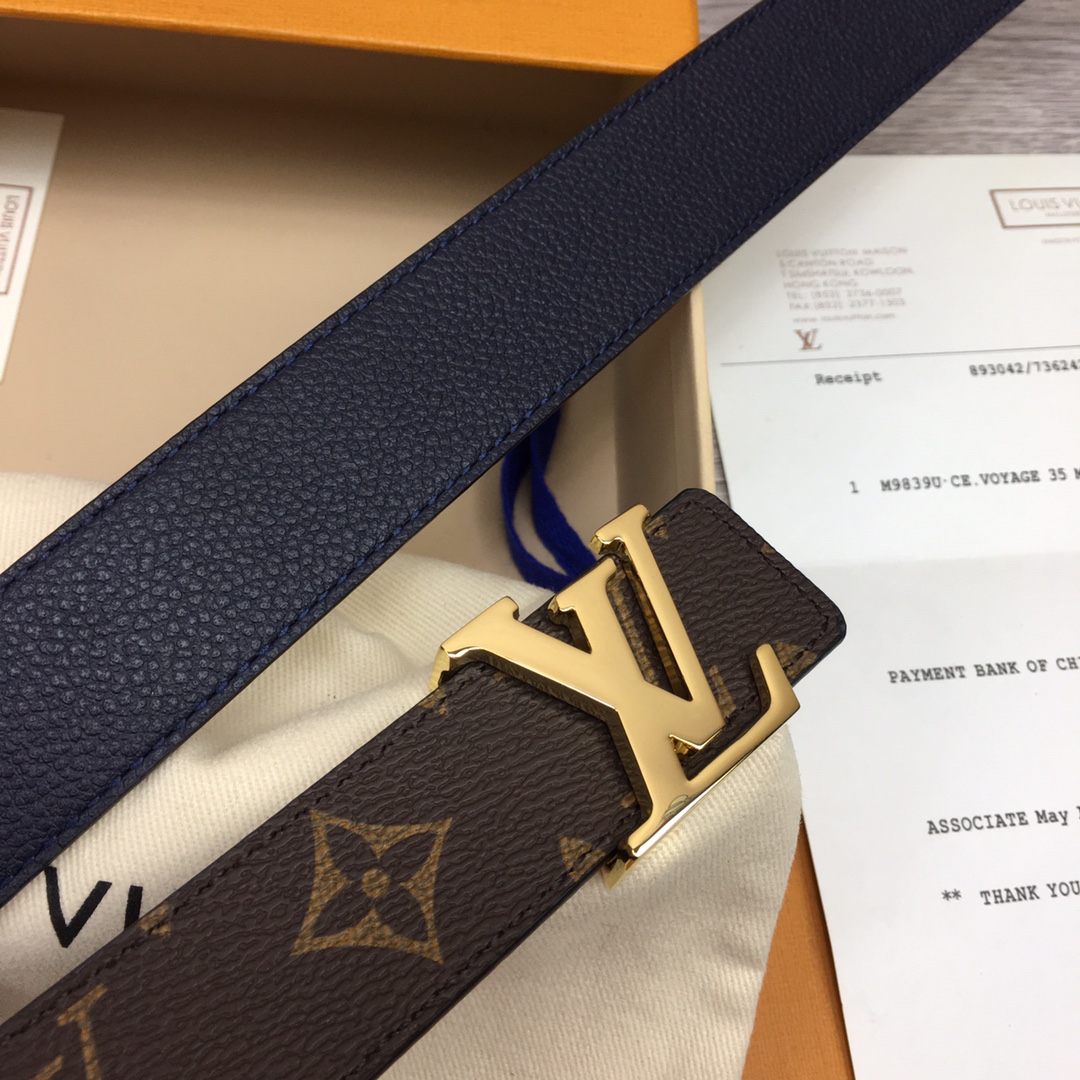 Louis Vuitton Women's Initiales Reversible Belt In Bkue/Black/Grey/Brown/Burgundy/Red/Pink Calfskin And Monogram Canvas With Gold Hardware 30mm - 图片 5