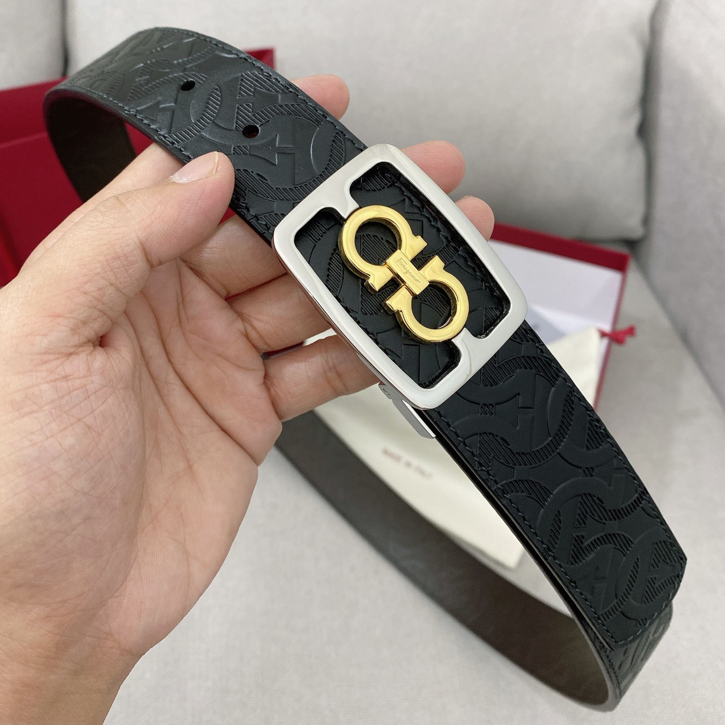 Ferragamo Men's Square Buckle Belt In Black/Coffee Grained Calfskin With Gold/Silver Hardware 35mm - 图片 10