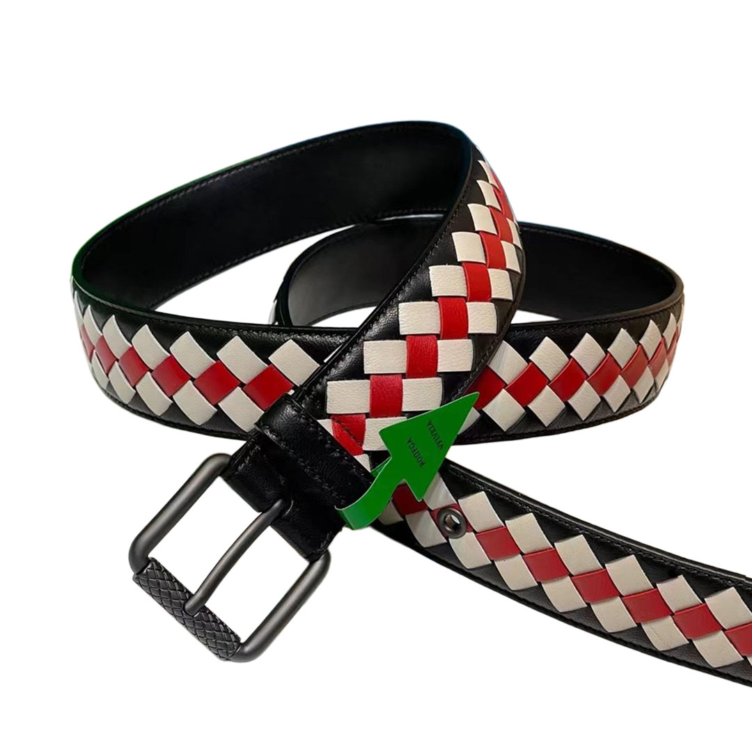 Bottega Veneta Men's Square Buckle Intrecciato Belt In Multicolor Calfskin With Silver/Matte Gun Black Hardware 35mm - 图片 9