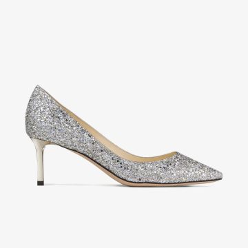 JIMMY CHOO Silver coarse grain glitter fabric pointed heels