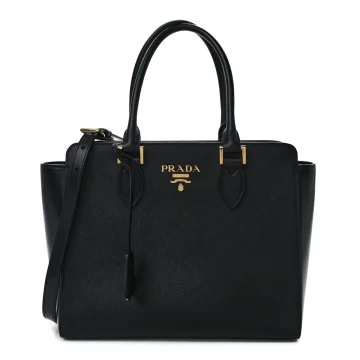 Prada Small Zippered Tote Bag Black Saffiano Soft Calfskin Leather Gold Hardware