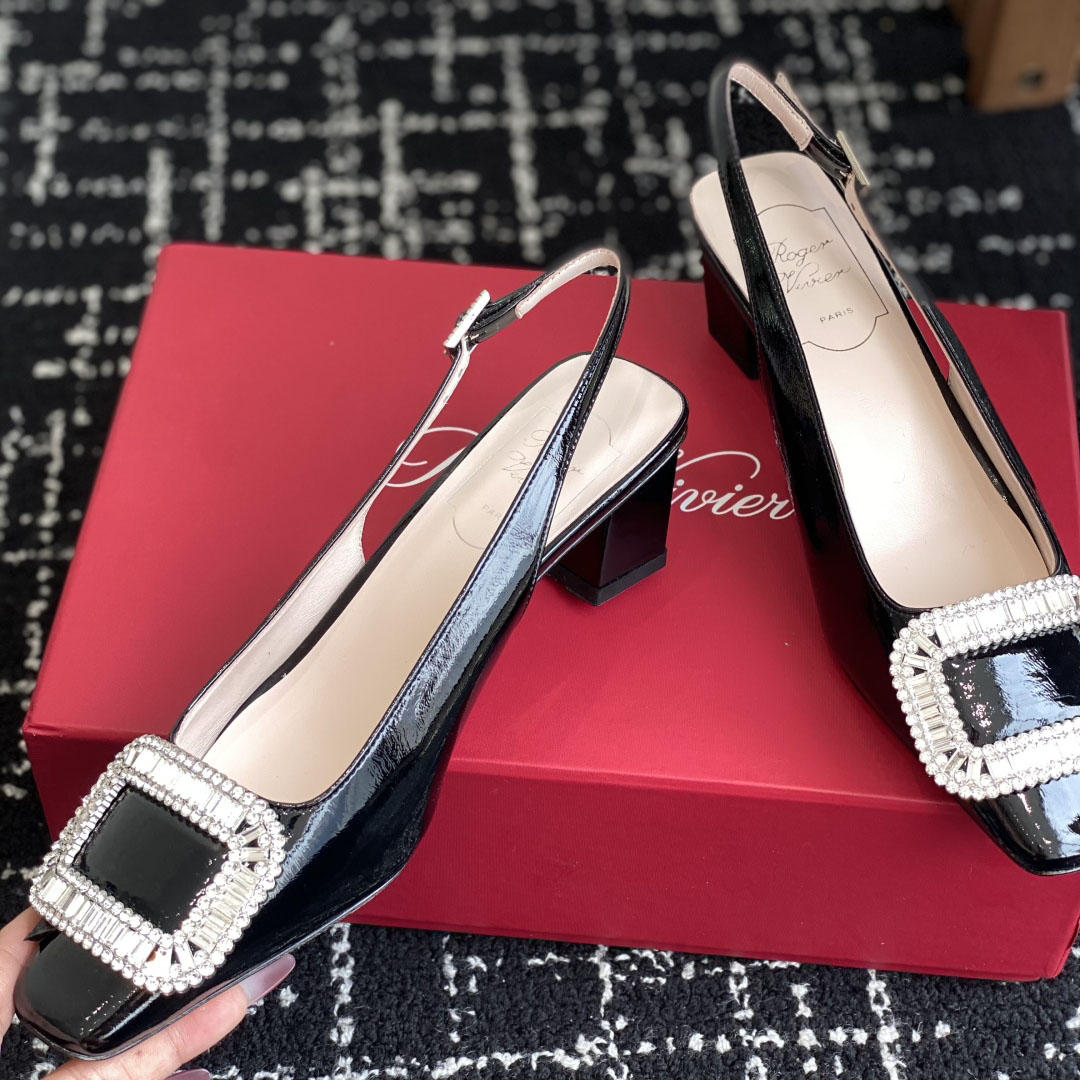 Roger Vivier Belle Viver Slingback Pumps High Heels In Black Patent Leather With Crystal Buckle (Heel Height 4.5cm) - 图片 7