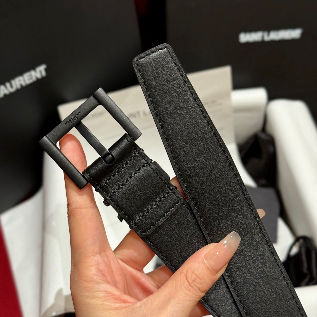 Saint Laurent Cassandre Belt In Black/Coffee Smooth Calfskin With Black/Gold/Silver Hardware 30mm - 图片 4