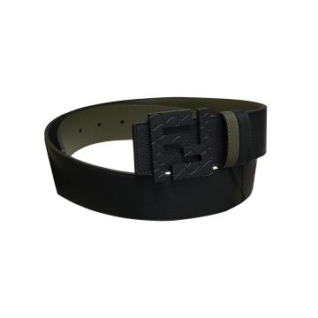 Fendi Men's Square Buckle Belt In Black/Olive Litchi Grain Calfskin With Silver Hardware 38mm