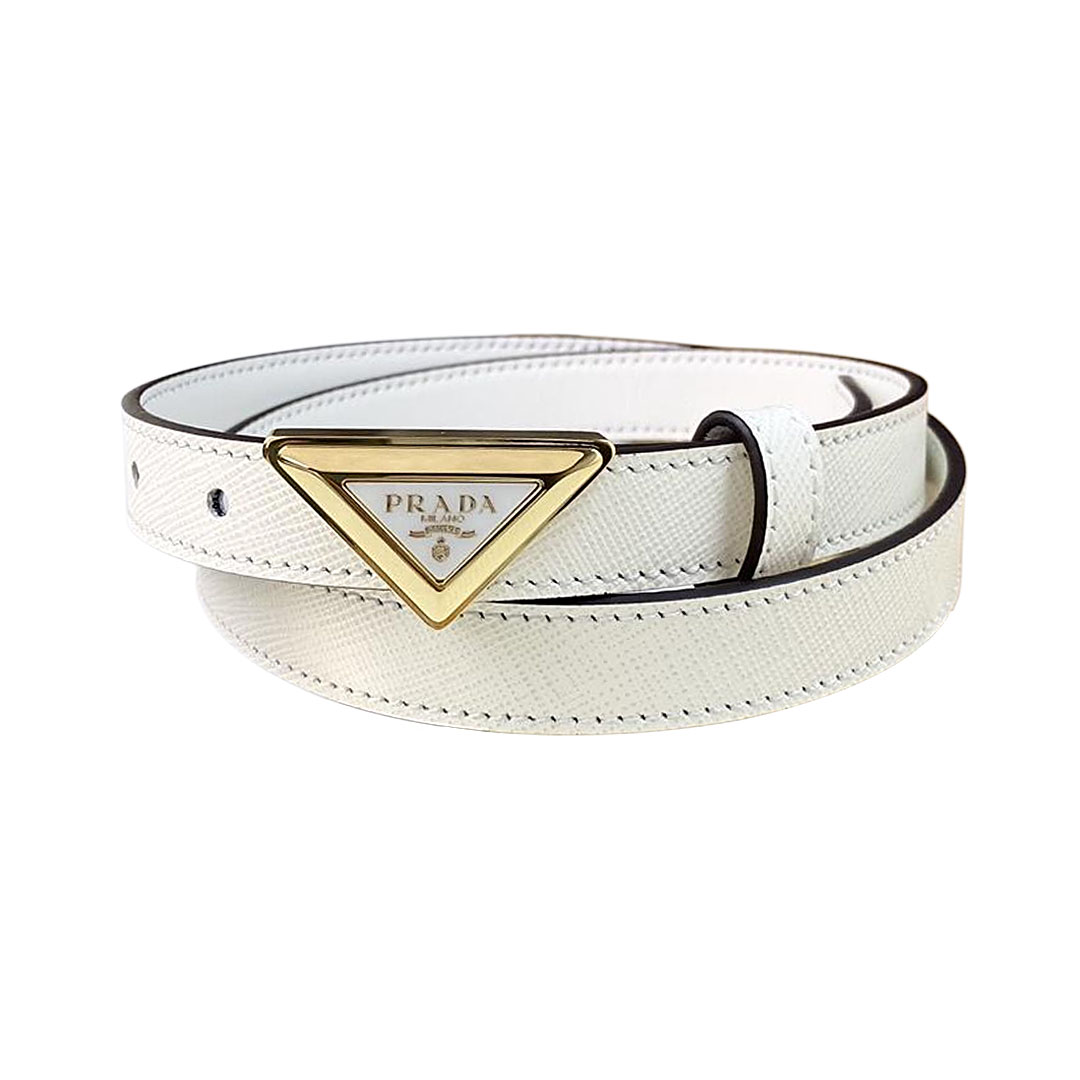 Prada Women' s Triangled Buckle Belt In Brown/Pink/White Calfskin With Gold/Silver Hardware 20mm - 图片 4