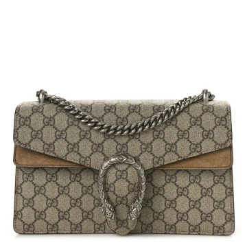 Gucci Small Dionysus Shoulder Bag Taupe GG Supreme Monogram Canvas Aged Silver Hardware
