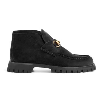 Gucci Round headed black suede horse collar buckle  ankle boots