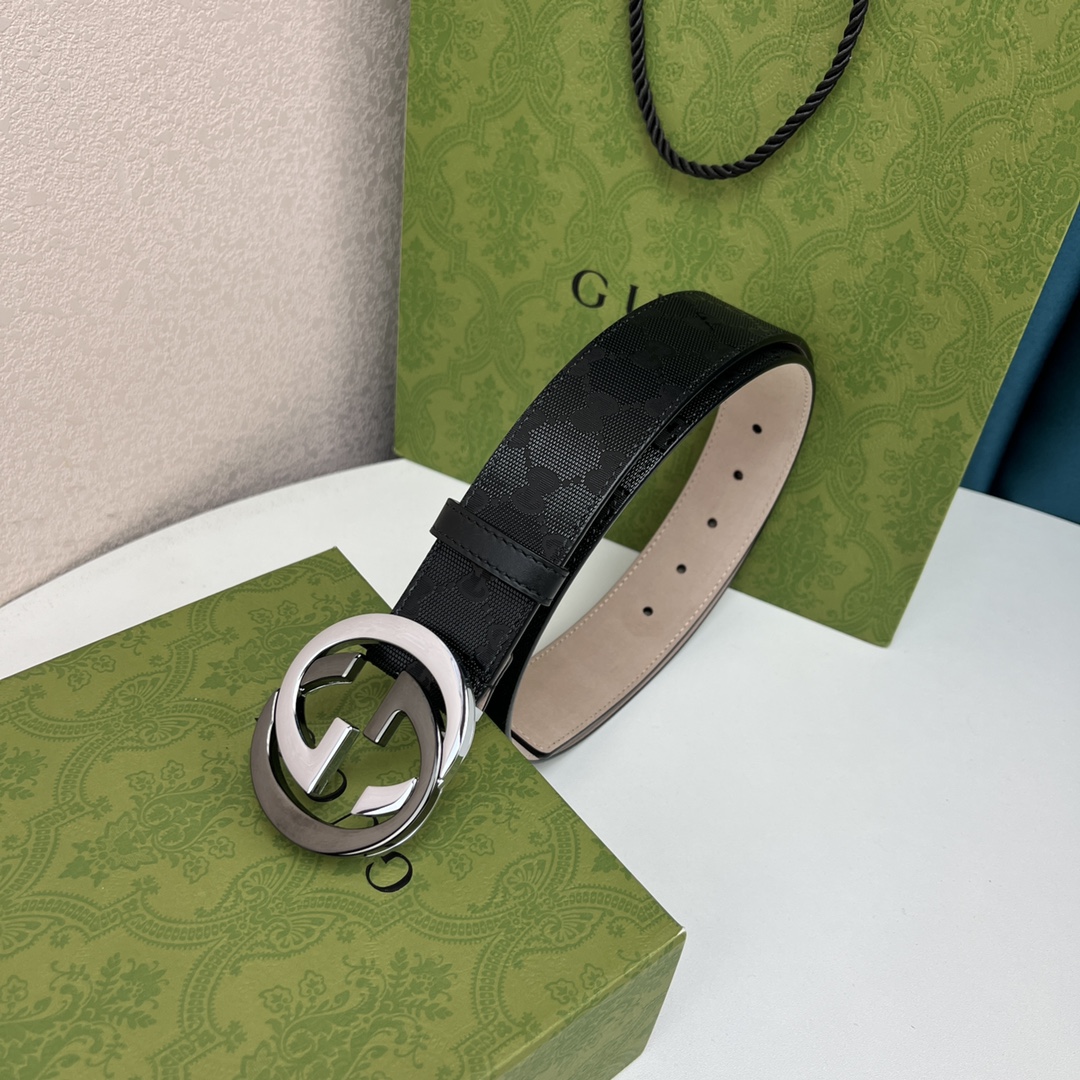 Gucci Men's Interlocking G Buckle Belt In Black GUCCI Marmont Canvas With Gold/Silver/Gun Black/Black Hardware 40mm - 图片 9