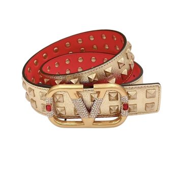 Valentino V Buckle Belt In Gold/Black Red/Black Calfskin With Gold Hardware And Rockstud 40mm