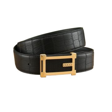 Gucci Men's Square Buckle Belt In Black Embossed Crocodile Calfskin With Gold/Silver Hardware 35mm
