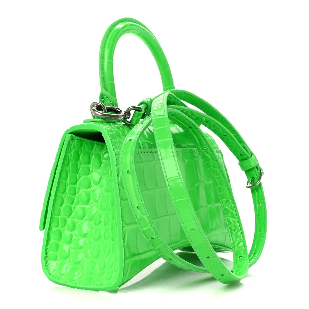 Balenciaga XS Hourglass Top Handle Bag Fluo Green Strass Crocodile Embossed Shiny Calfskin Leather Silver Hardware - 图片 3