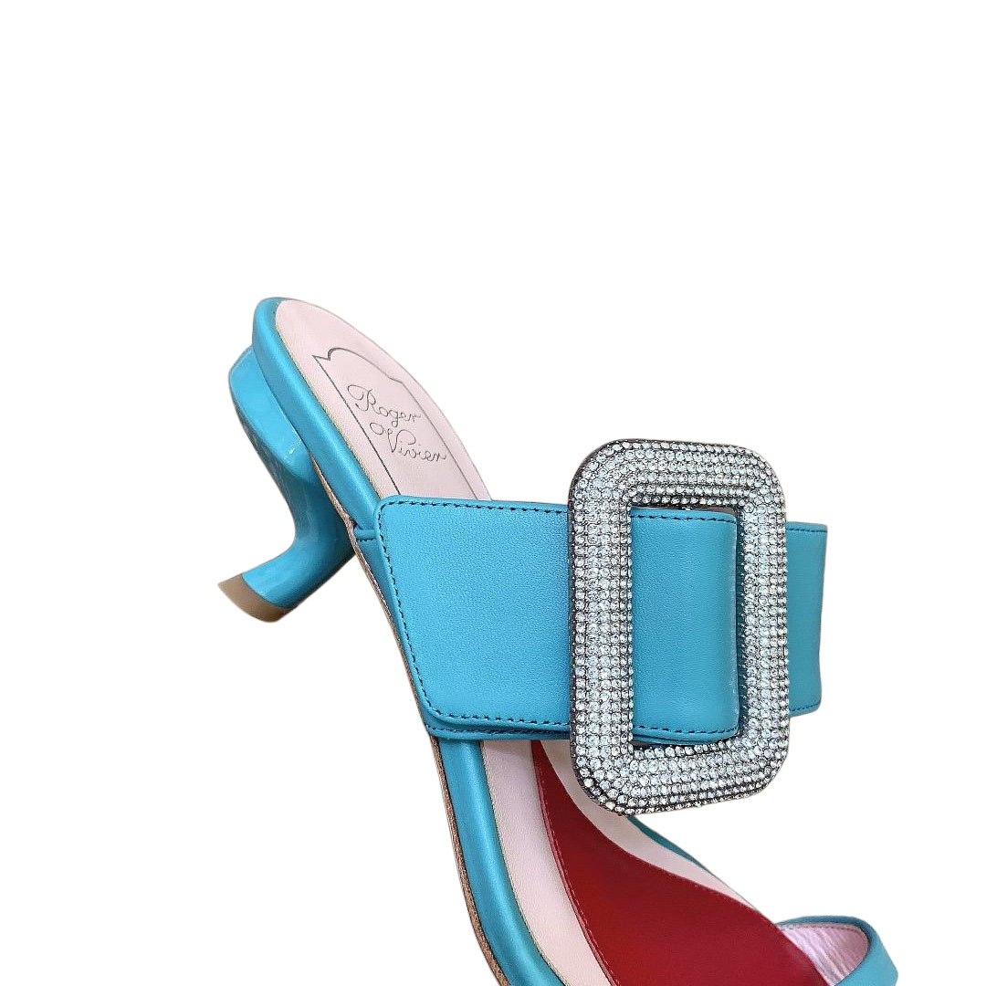 Roger Vivier Viv' Rangers Mules Sandals In White/Black/Blue Leather With Crystal Buckle (Heel Height 5.5cm) - 图片 4