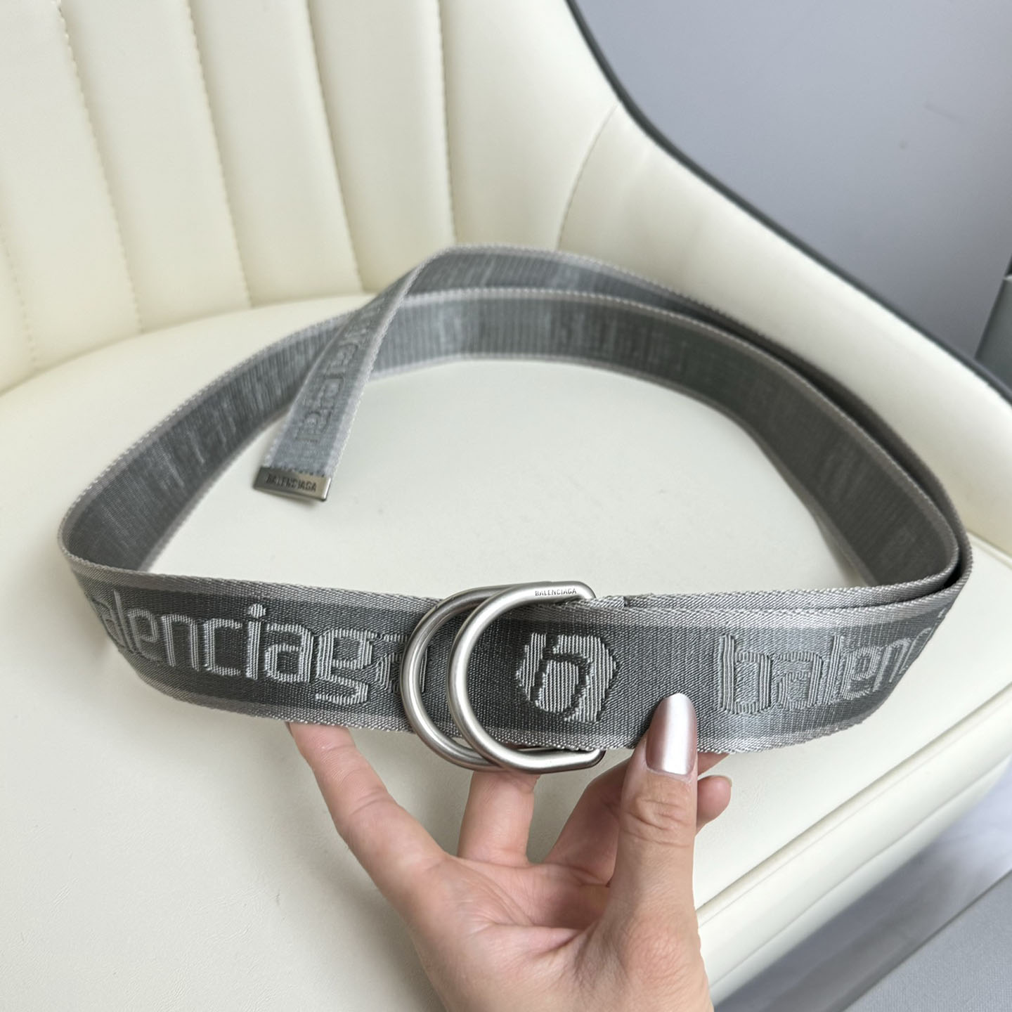 Balenciaga Men's D Ring Adjustable Belt In Balenciaga Black/White/Grey Webbing With Silver Hardware 40mm - 图片 7
