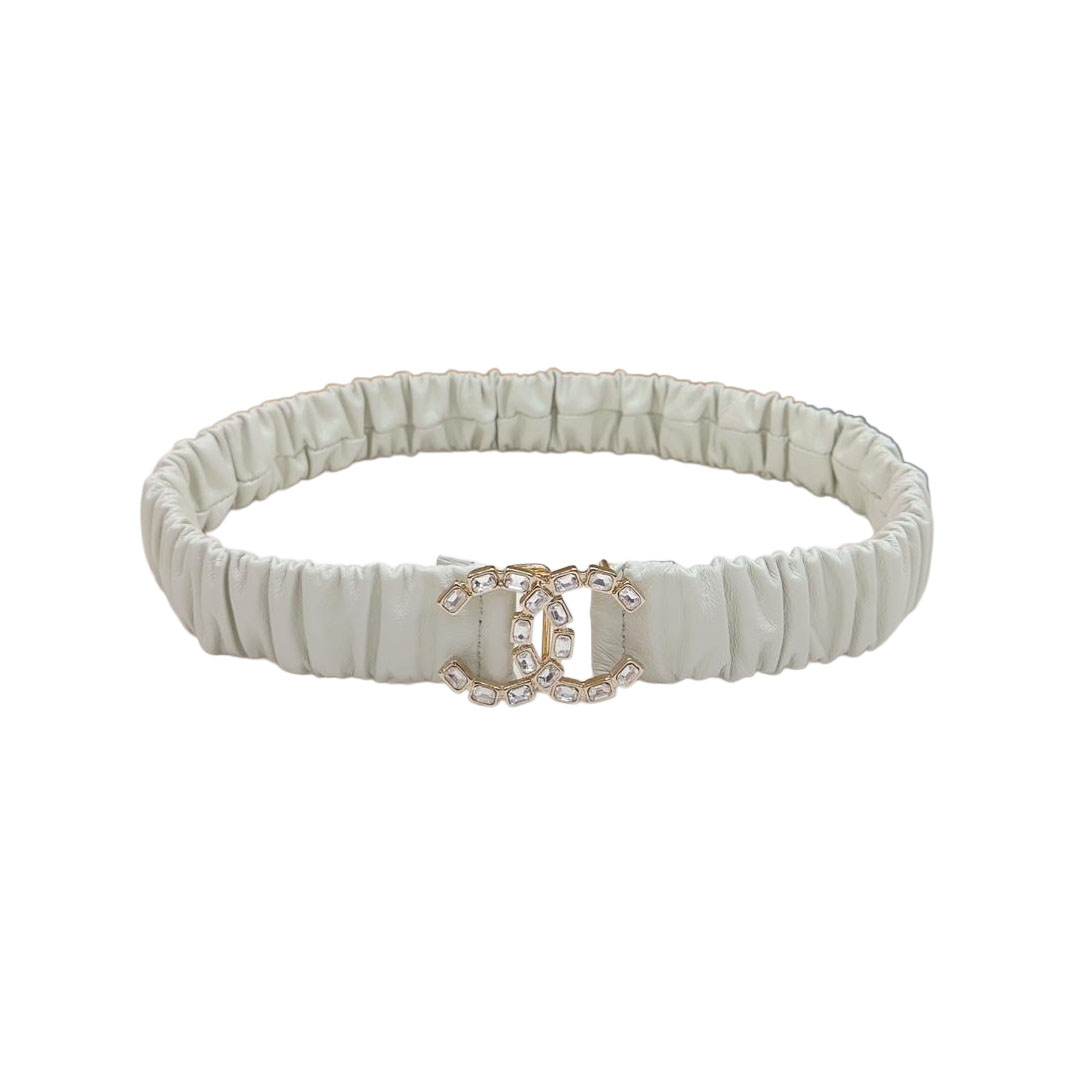 Chanel Women's CC Crystal Buckle Elastic Belt In Champagne Gold/Beige/Black/Red/Silver/Ivory/White Lambskin With Gold/Silver Hardware 30mm - 图片 7