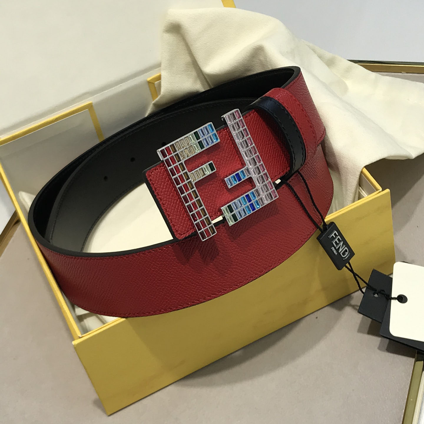 Fendi Men's FF Multicolor Buckle Belt In Blue/Yellow/Red/Black Epsom Calfskin With Silver/Black Hardware 38mm - 图片 9