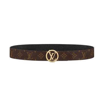 Louis Vuitton Women's Circle Buckle Belt In Black Calfskin And Monogram Canvas With Gold Hardware 35mm