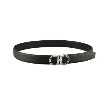 Ferragamo Men's Hollow Double Gancini Buckle Belt In Black Calfskin With Gold/Silver Hardware 35mm