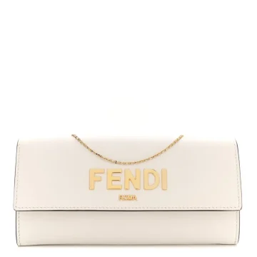 Fendi Metal Fendi Roma Logo Chain Continental Wallet White Kyoto Vitello Leather Gold Hardware