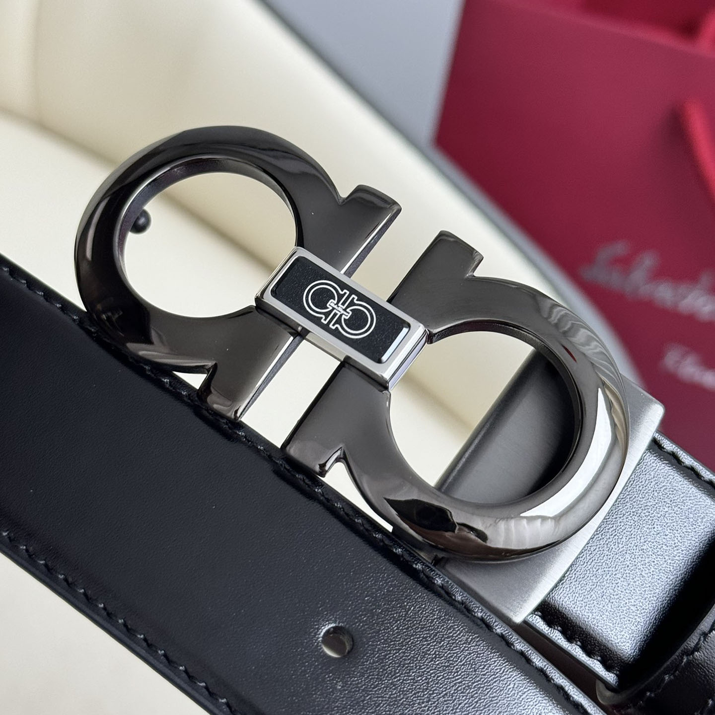 Ferragamo Men's Double Gancini Buckle Belt In Black Calfskin With Gold/Gun Black Hardware 35mm - 图片 2