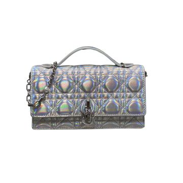 Dior My Dior Top Handle Bag With Chain And Pearl In Silver Cannage Lambskin With Silver Hardware