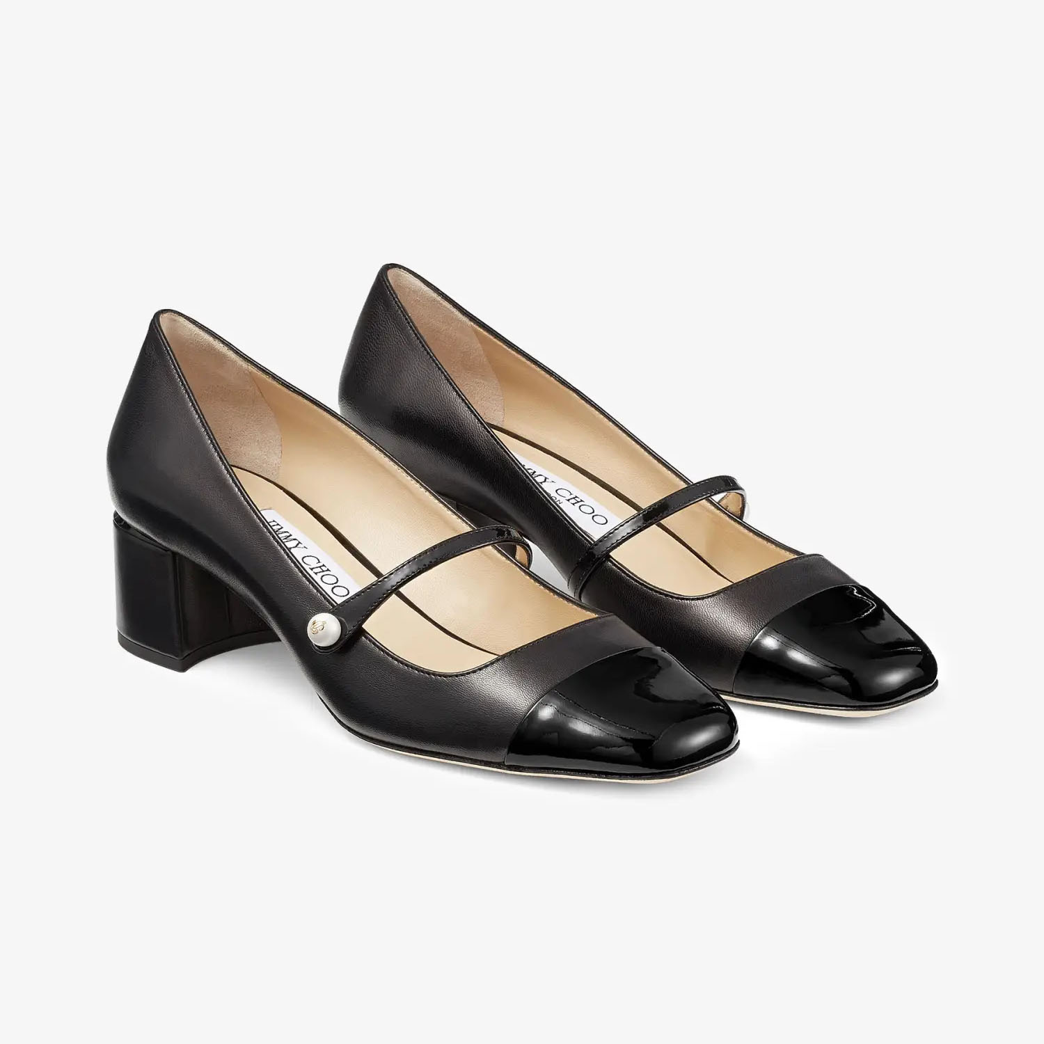 JIMMY CHOO Black leather and Patent paint leather heels Square head and thick heel shoes - 图片 2