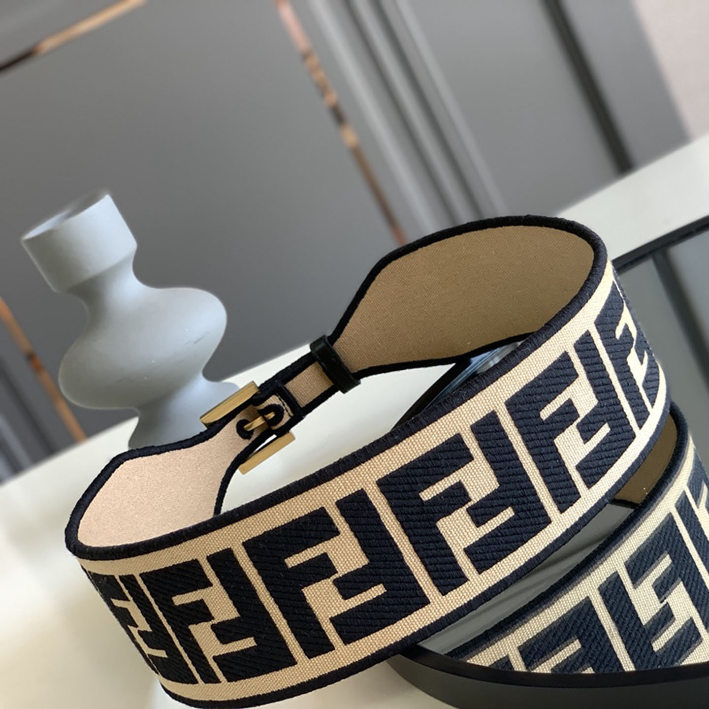 Fendi Women's Belt In Green/Black/Beige/Yellow FF Logo Embroidery Canvas With Gold Hardware 60mm - 图片 3