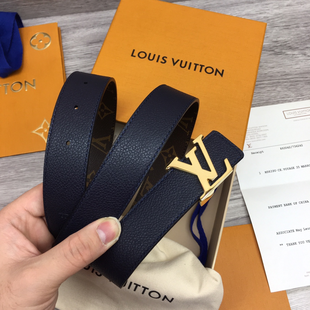 Louis Vuitton Women's Initiales Reversible Belt In Bkue/Black/Grey/Brown/Burgundy/Red/Pink Calfskin And Monogram Canvas With Gold Hardware 30mm - 图片 3