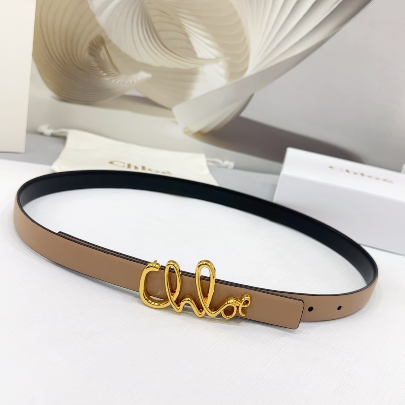 Chloe Logo Buckle Belt In Gold/Khaki/Brown/Red/Pink Calfskin With Gold Hardware 20mm - 图片 5