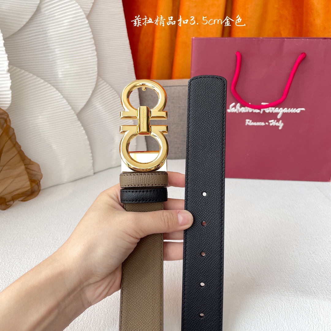 Ferragamo Men's Double Gancini Buckle Reversible Belt In Khaki/Black Calfskin With Gold/Silver/Gun Black Hardware 35mm - 图片 3