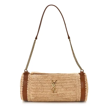 Saint Laurent Small Cylindric Bag Natural and Brick Monogram Raffia Cassandre Aged Gold Hardware