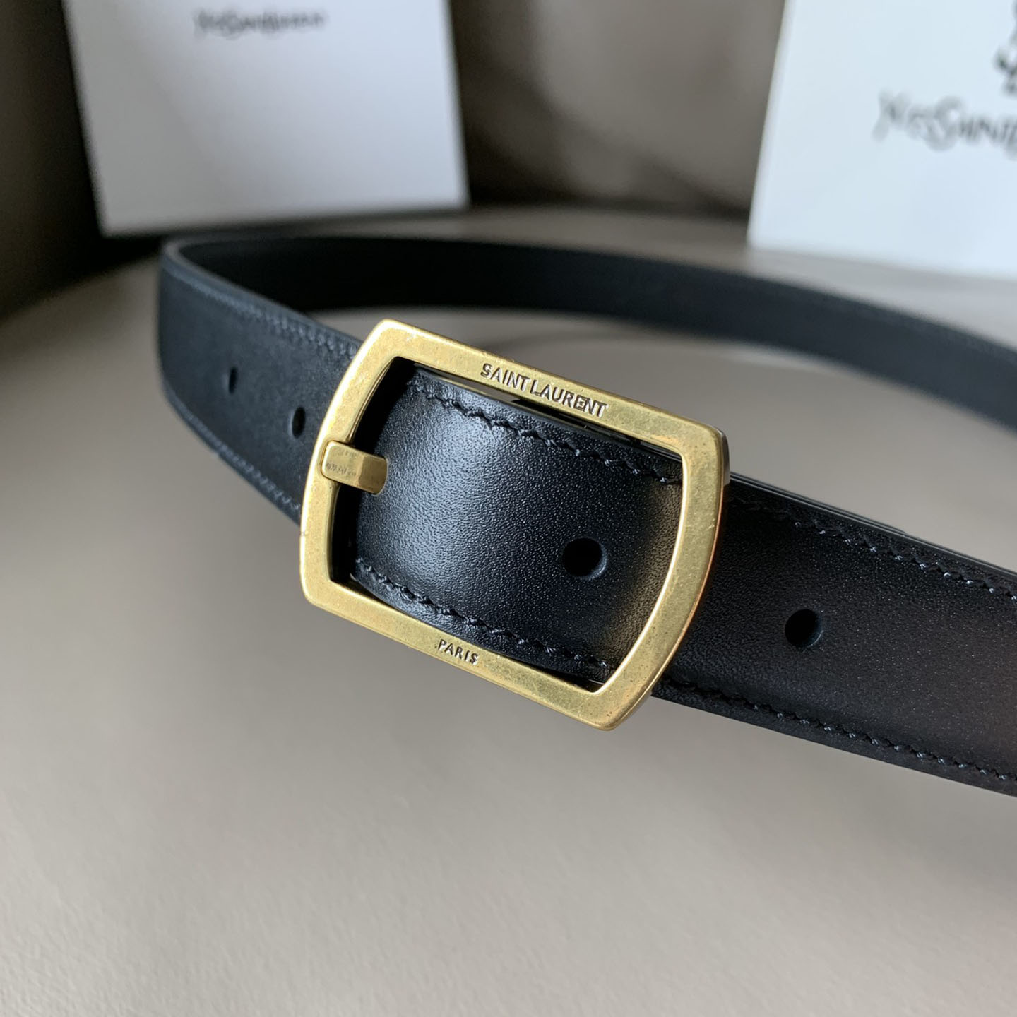 Saint Laurent Paved Buckle Belt In Black Calfskin With Gold/Silver Hardware 25mm - 图片 9