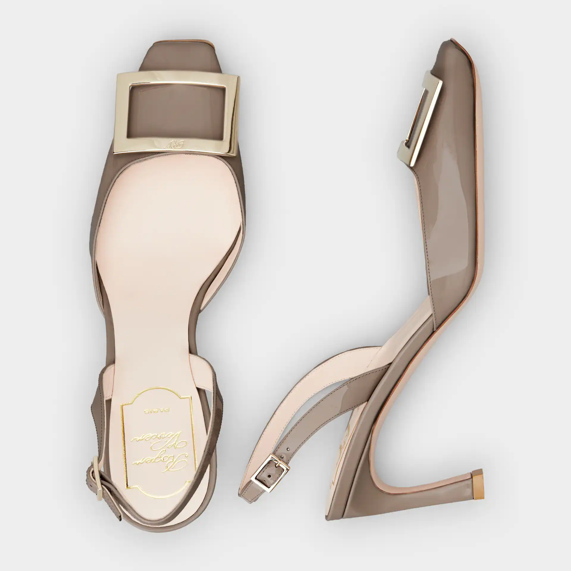 Roger Vivier Trompette Slingback Pumps High Heels In Beige Patent Leather With Metal Buckle (Heel Height 7cm) - 图片 4